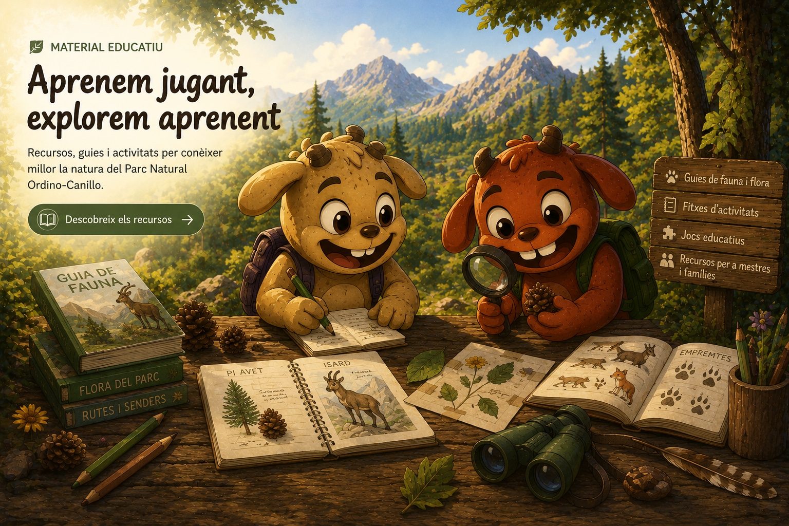Material educatiu amb llibres, llibretes i elements naturals