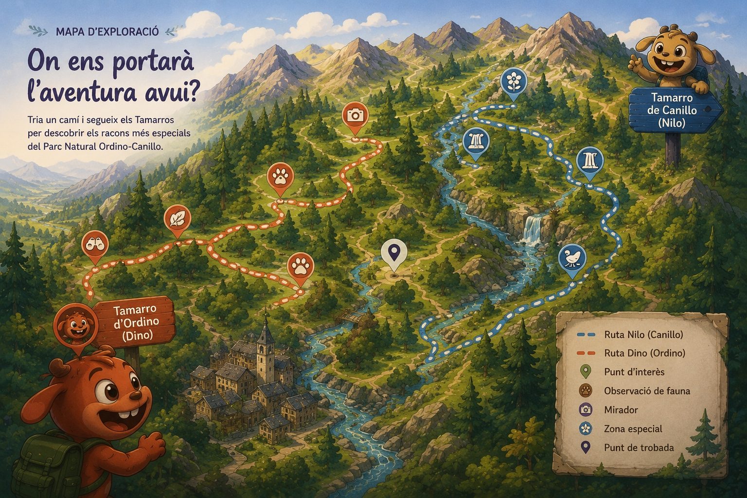 Mapa il·lustrat del parc amb les rutes del Nilo i el Dino