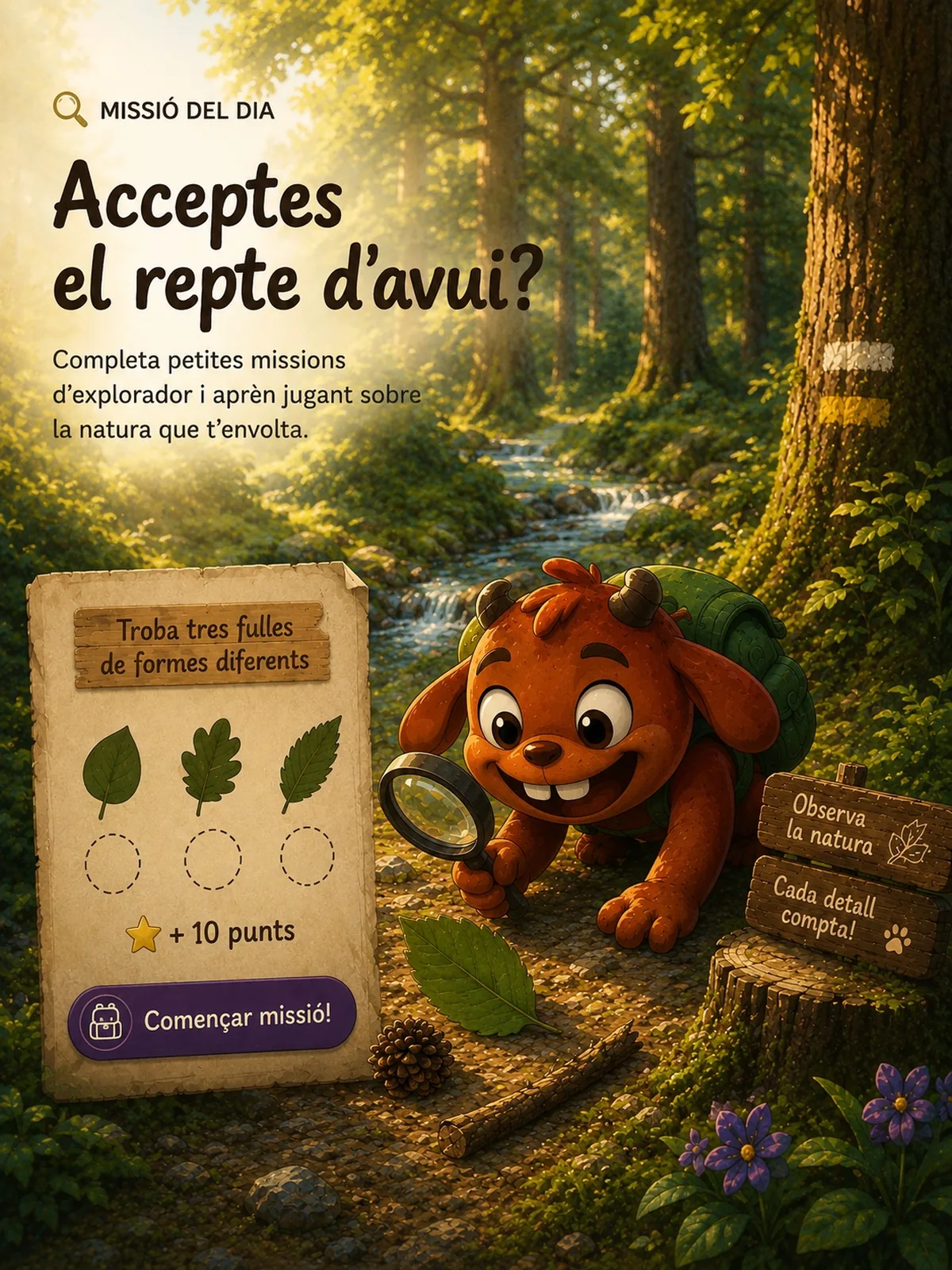 El Dino observant amb una lupa al bosc